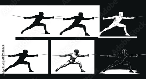 Fencing silhouette collection, dynamic sword poses, black and white contrast, sport illustration, fencing mask, lunge motion, martial art, athlete action