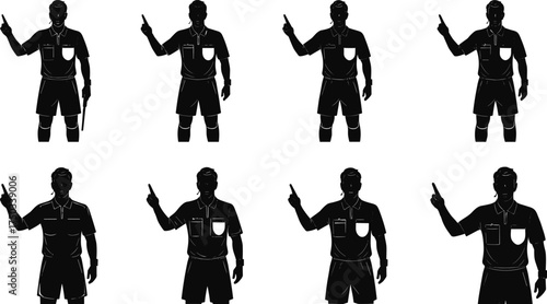 Soccer referee silhouette set, football official poses, whistle, card, flag actions, black vector icons, isolated sports gesture illustration