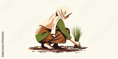 Stylized illustration of a woman in a hijab planting young green seedlings in rich soil, symbolizing agricultural labor, growth, and sustainable farming practices
