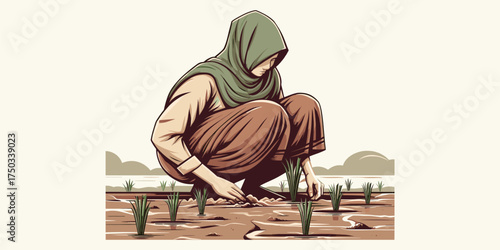 Illustration of a Muslim woman in a hijab diligently planting rice seedlings in a traditional paddy field, representing rural agriculture