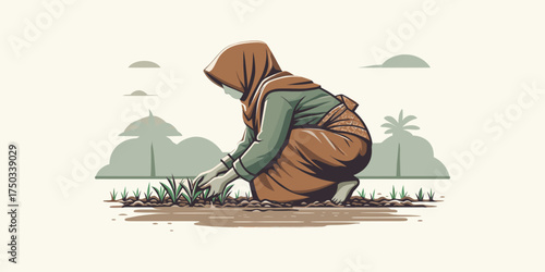 Farmer Planting Seedlings in a Field Cultivating Agriculture and Sustainable Farming Practices