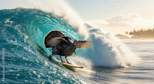 Fototapeta Naklejka Na Ścianę i Meble -  A comical surfing turkey enjoys a dynamic wave ride in a tropical seascape paradise