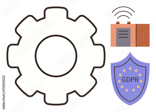 Gear icon symbolizing system operations, shield with GDPR label for data privacy, and secured device with wireless waves. Ideal for cybersecurity, privacy, compliance, technology, governance