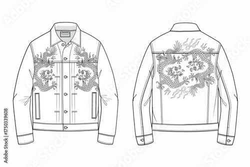 Vector Fashion Flat Sketch Dragon Embroidered Denim Trucker Jacket Front and Back editable fashion flat sketch technical drawing 
