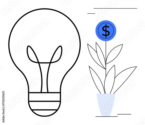 Light bulb symbolizes creativity, beside a money plant growing with a dollar sign. Ideal for innovation, growth, finance, business, investment, sustainability and entrepreneurship themes. Simple