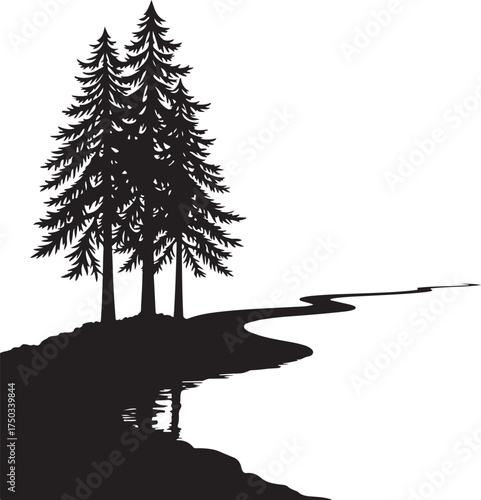 Black silhouette of pine trees on a riverbank water
