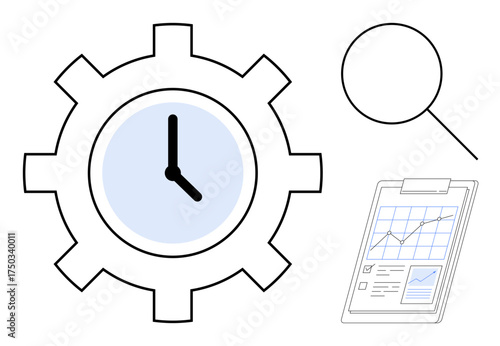 Gear with clock hands, magnifying glass, and clipboard with analytics chart symbolizing productivity, efficiency, analysis, planning, organization, evaluation and decision-making. Clean flat
