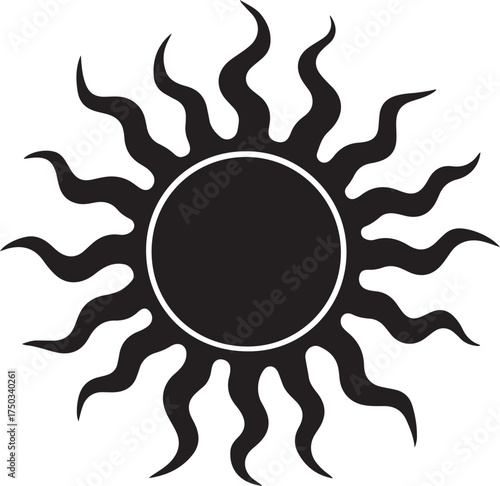 Black sun symbol with wavy rays solar icon