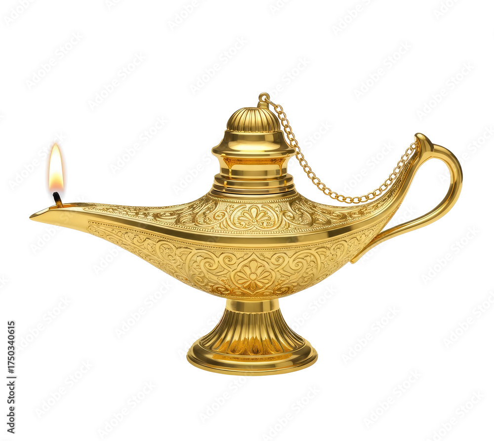 Fototapeta premium A golden lamp with a lit candle, isolated on a png transparent.