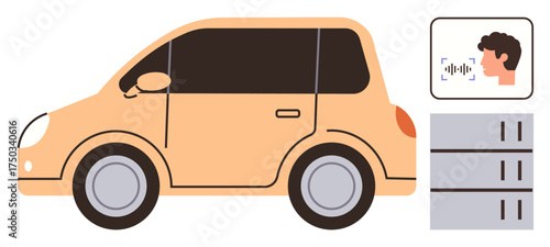 Compact car alongside user voice recognition interface and system database icons. Ideal for automotive innovation, AI, voice assistant control, technology concepts, smart devices, transportation