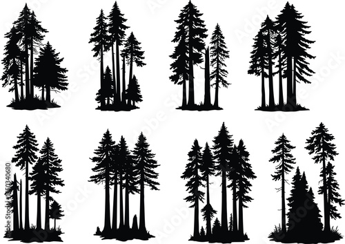 Collection of conifer tree silhouettes with ground base, forest pine fir elements for nature, landscape, outdoor, woodland, and environment design