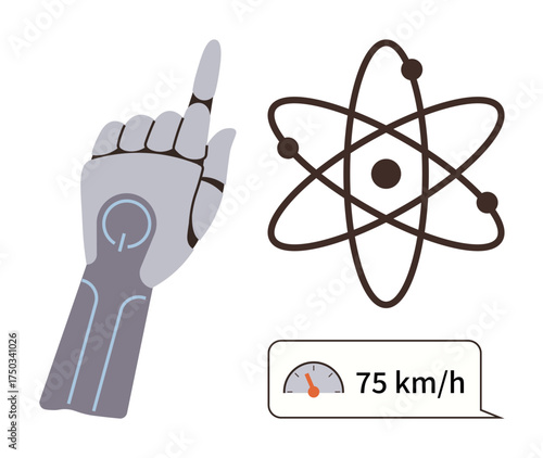 Robotic hand raised and pointing, atomic structure illustration symbolizing science, and speedometer reflecting velocity. Ideal for technology, innovation, AI, robotics, speed, science future