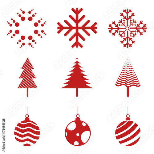 A cheerful assortment of Christmas with set of red Christmas icons featuring snowflakes, trees, ornaments, and candy canes concepts design