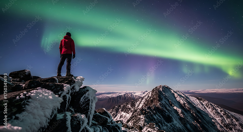 Obraz premium Person standing on snowy mountain peak overlooking northern lights at night