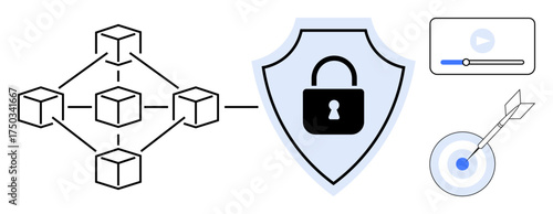 Blockchain diagram connected to shield with padlock, video control bar, and bullseye target. Ideal for technology, security, blockchain, video streaming, data accuracy, goal setting simple flat
