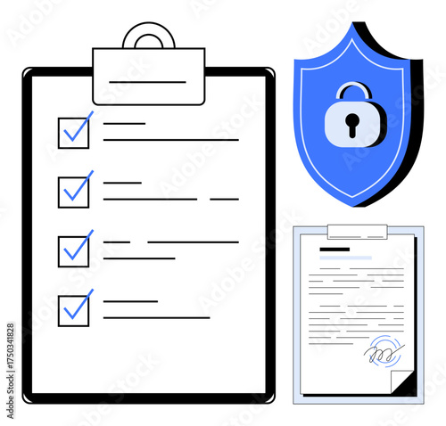 Checklist with checkmarks, document with signature, and a security shield with lock. Ideal for compliance, accountability, cybersecurity, data privacy, documentation accuracy, legal processes