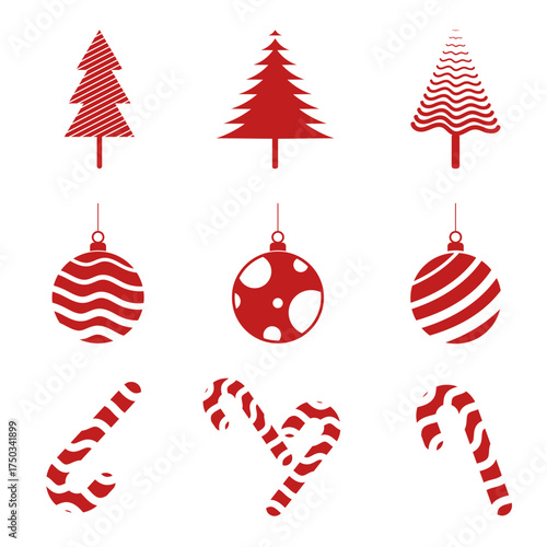 A minimalist Christmas design pack featuring winter snowflakes, evergreen trees, sparkling baubles, and striped candy canes. A cheerful assortment of Christmas concepts