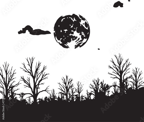 Silhouette of bare trees and full moon at night clouds