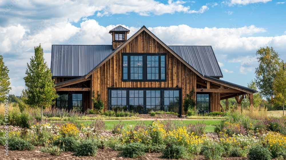 Obraz premium A rustic barn with a metal roof and large windows, set against a wide open rural landscape