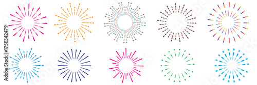 Colorful Radial Firework Icons ? Line Firecrackers and Sparkling Starburst Vector Set.Celebration Fireworks Vector Set.Festive Firework Icons..eps