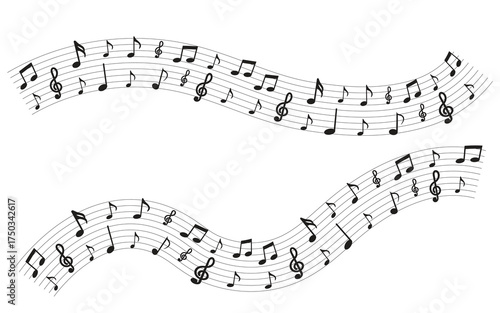 Flowing Music Notes Wave Background.Musical Sound Wave with Notes Vector Illustration.Harmonic Sound Wave of Musical Notes..Curved Line of Music Notes Flowing Melody..eps
