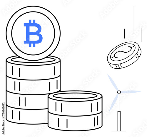 Stacked Bitcoin coins with a wind turbine highlighting renewable energy connections. Ideal for cryptocurrency, finance, technology, green energy, blockchain investments, economy, sustainability