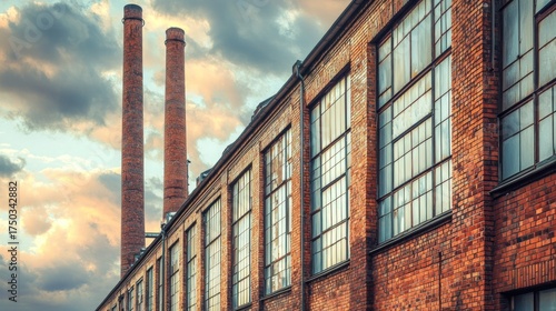 Exterior of an old brick factory with large windows and smokestacks against a cloudy sky.