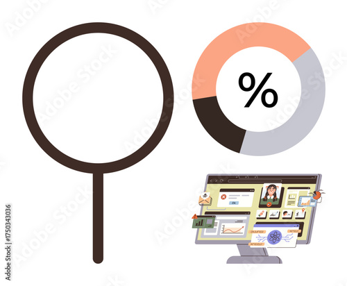 Magnifying glass, analytical pie chart, and desktop displaying website interface. Ideal for marketing, analytics, internet research, data visualization, user experience, education simple flat