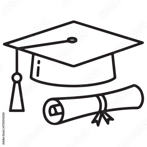 Academic Graduation Cap and Diploma Outline Icon