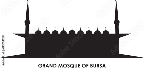 Grand Mosque of Bursa Silhouette on Transparent Background in Black