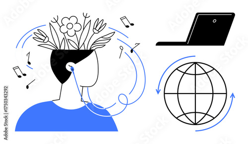 Person with plants growing from the head, wearing earphones, surrounded by music notes, laptop, and globe. Ideal for creativity, mindfulness, learning, music connection innovation technology