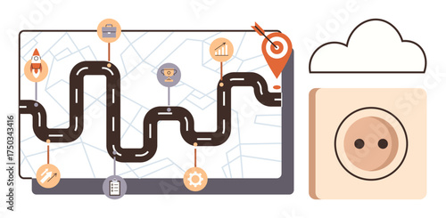 Curved roadmap on a map background with milestones, business icons, goal target, and cloud storage. Ideal for strategy, planning, progress tracking, goal setting, business solutions cloud