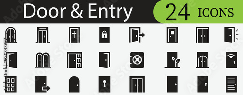 Modern door and entry icon set with lock, key, access, security, open, exit, minimal vector design. Editable outline symbols for UI and architecture