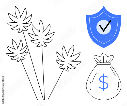 Cannabis plants paired with a money bag symbolizing wealth and growth, alongside a checkmark shield for security. Ideal for finance, agriculture, health, legalization, economy, safety, simple flat