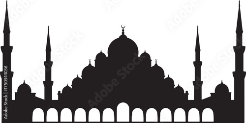 Mosque Architecture Silhouette with Minarets and Dome Vector Graphic