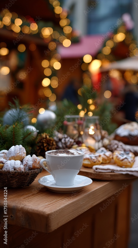 Fototapeta premium Cozy outdoor christmas market with hot cocoa and festive pastries on a wooden table