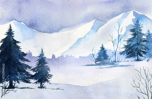 Serene Watercolor Winter Mountain Landscape with Pine Trees