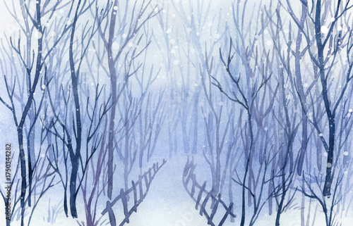 Watercolor Winter Forest Path with Snowfall