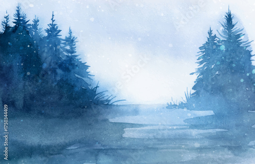Misty Winter Forest Watercolor Landscape
