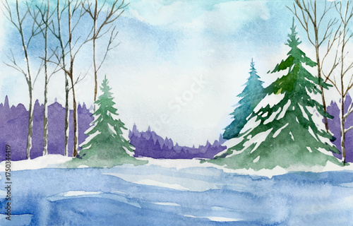 Watercolor Winter Landscape with Snowy Trees