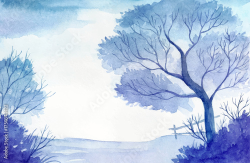 Watercolor Winter Landscape with Bare Trees and Snow