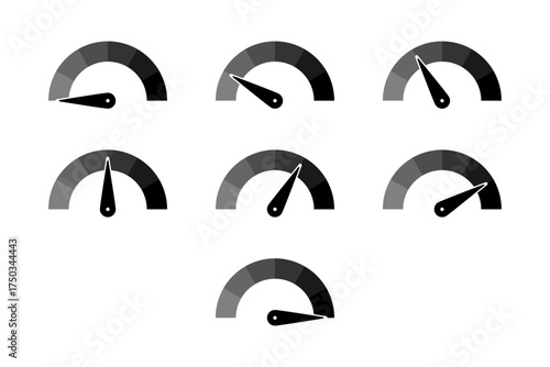 Set of Semicircular Gauge Icons with Varying Needle Positions for Performance and Status Indicators