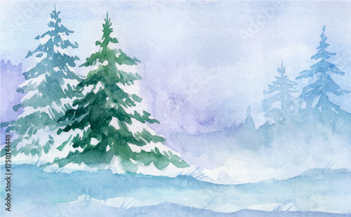 Serene Watercolor Winter Forest Landscape with Snowy Pine Trees