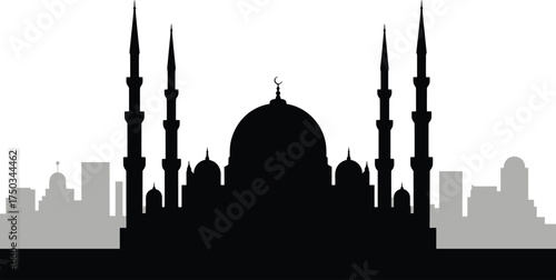 Mosque Silhouette Design with Minarets and Dome Vector Illustration