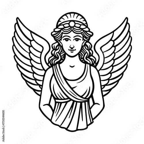 Ancient greek winged goddess mythological figure elegant outline vector line art on white background