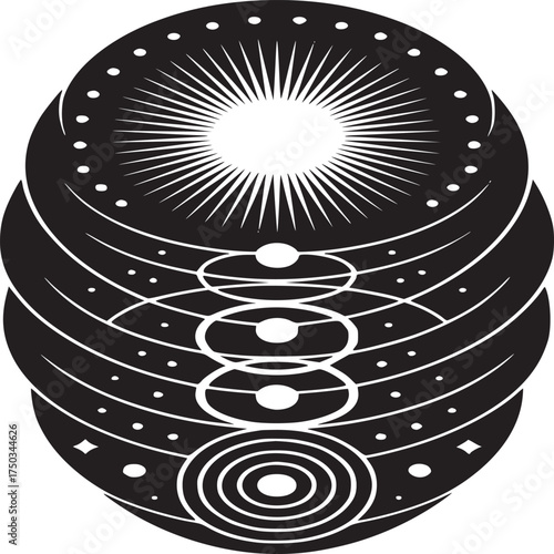 Modern black and white celestial design with sunburst and planetary orbit, perfect for spiritual themes