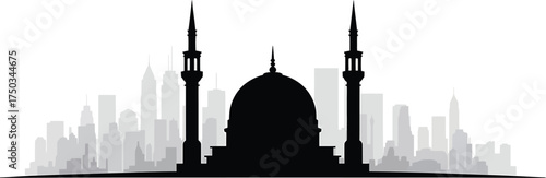 Mosque Silhouette with City Skyline on Transparent Background Vector Illustration