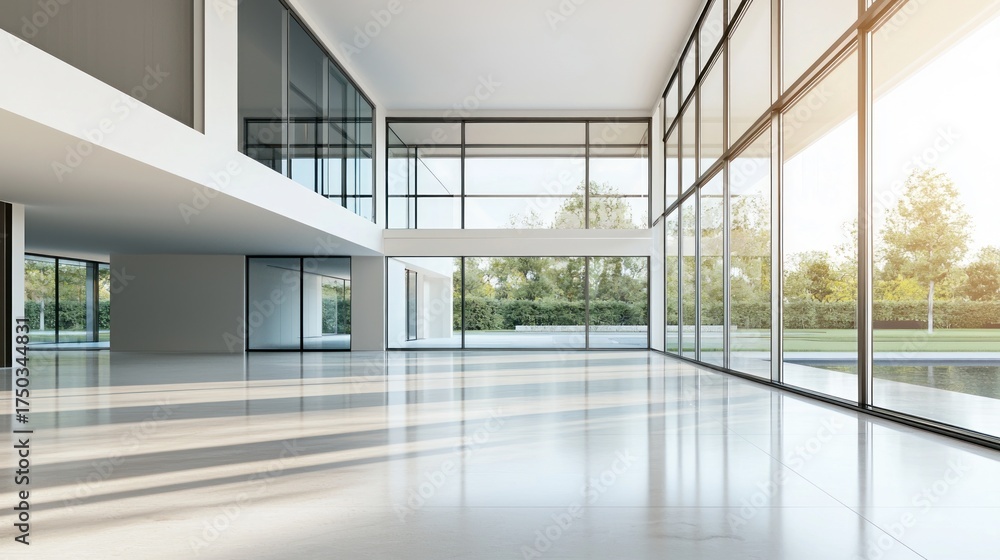 Fototapeta premium A modern minimalist house with large glass windows and sleek geometric design