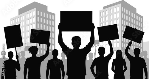 People Protesting Silhouette Holding Signs Vector Illustration