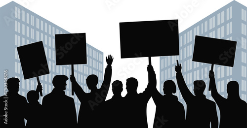 Protest Demonstration Silhouette Crowd Holding Signs Vector Illustration